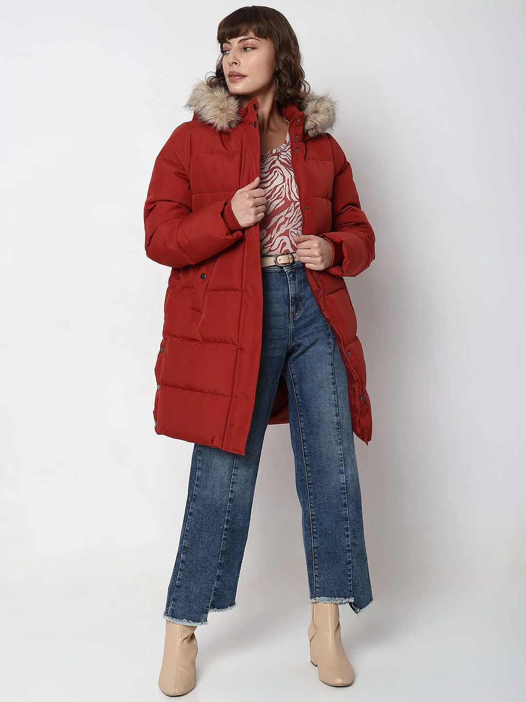 Red Faux Fur Hood Puffer Coat - Image 5