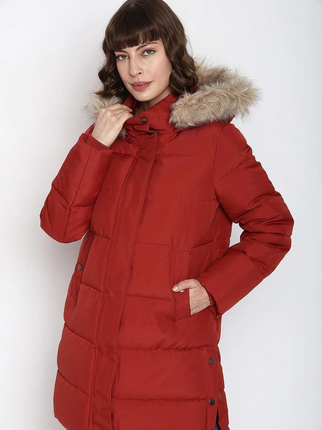 Red Faux Fur Hood Puffer Coat - Image 6