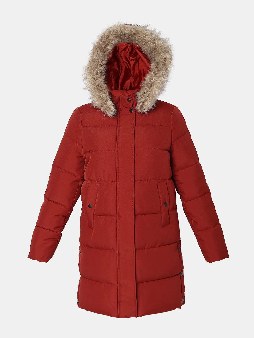 Red Faux Fur Hood Puffer Coat - Image 7