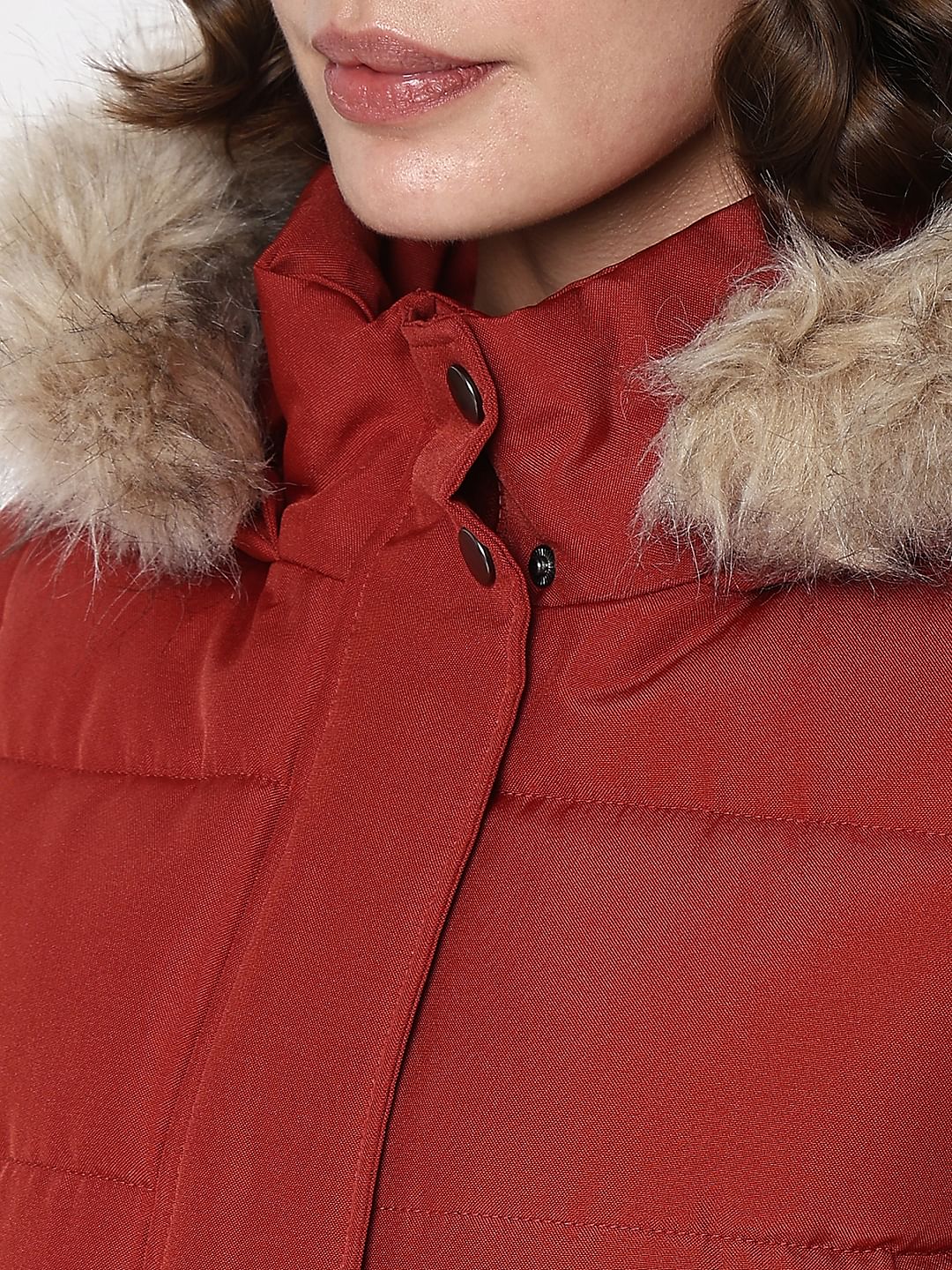 Red Faux Fur Hood Puffer Coat - Image 8