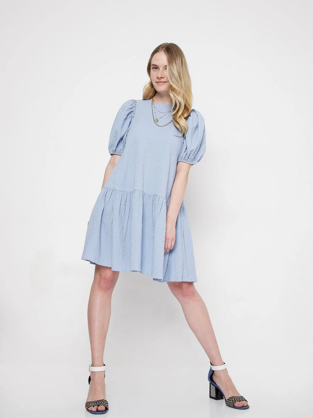 Blue Puff Sleeves Shift Dress