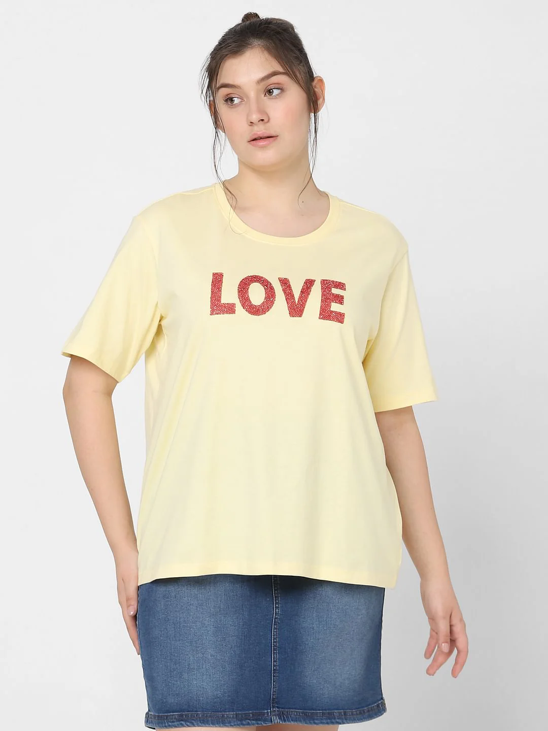 Curve Yellow Embellished Text Print T-Shirt - Image 2