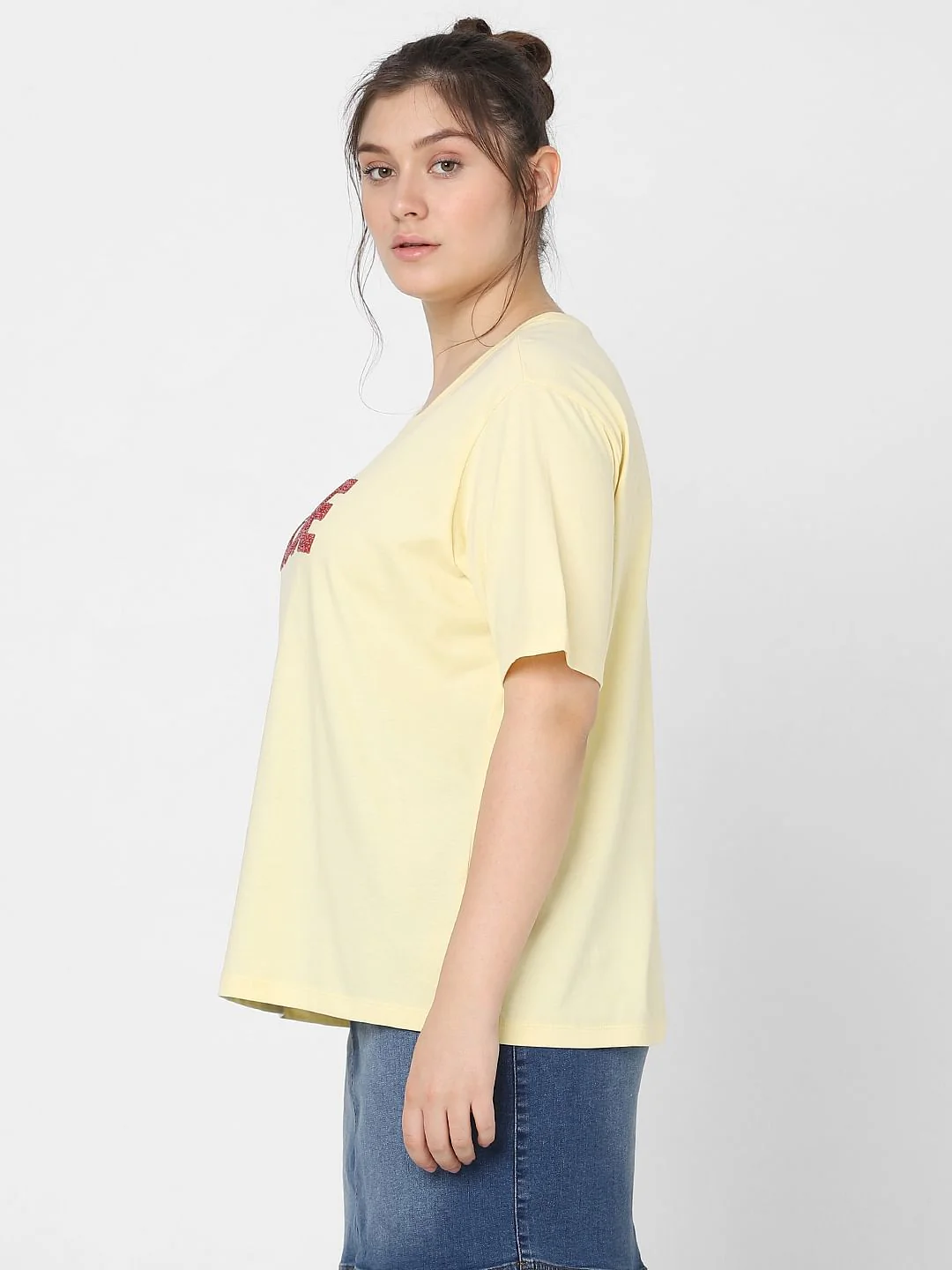 Curve Yellow Embellished Text Print T-Shirt - Image 3