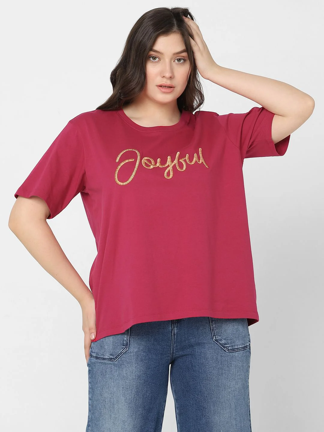 Curve Red Embroidered Text Print T-Shirt - Image 2