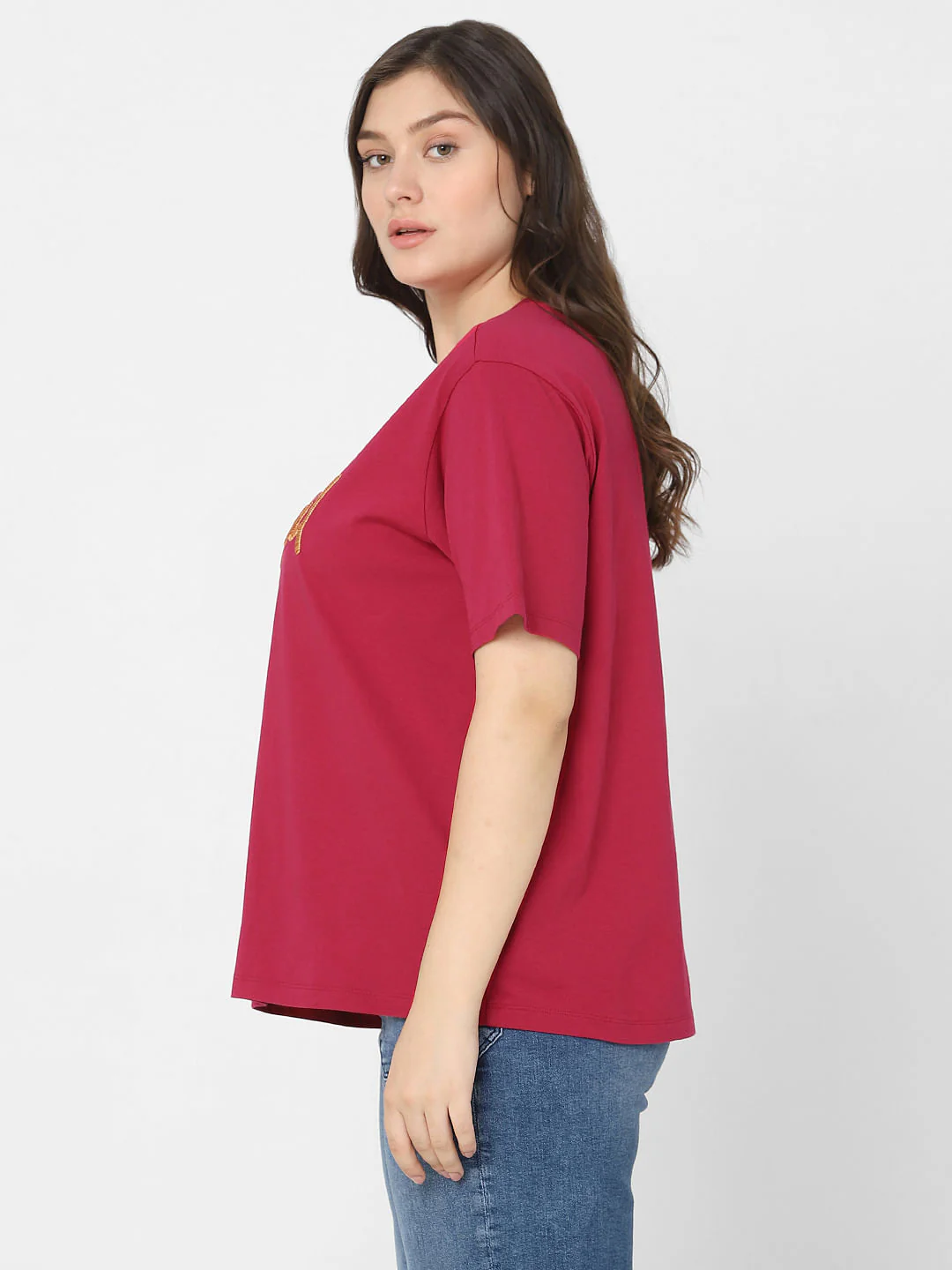 Curve Red Embroidered Text Print T-Shirt - Image 3