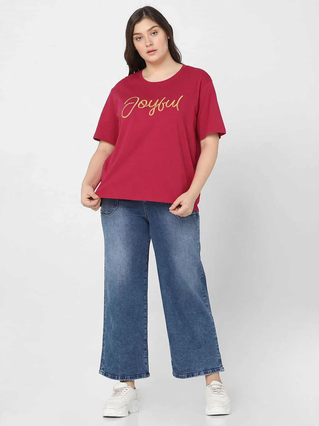 Curve Red Embroidered Text Print T-Shirt - Image 5