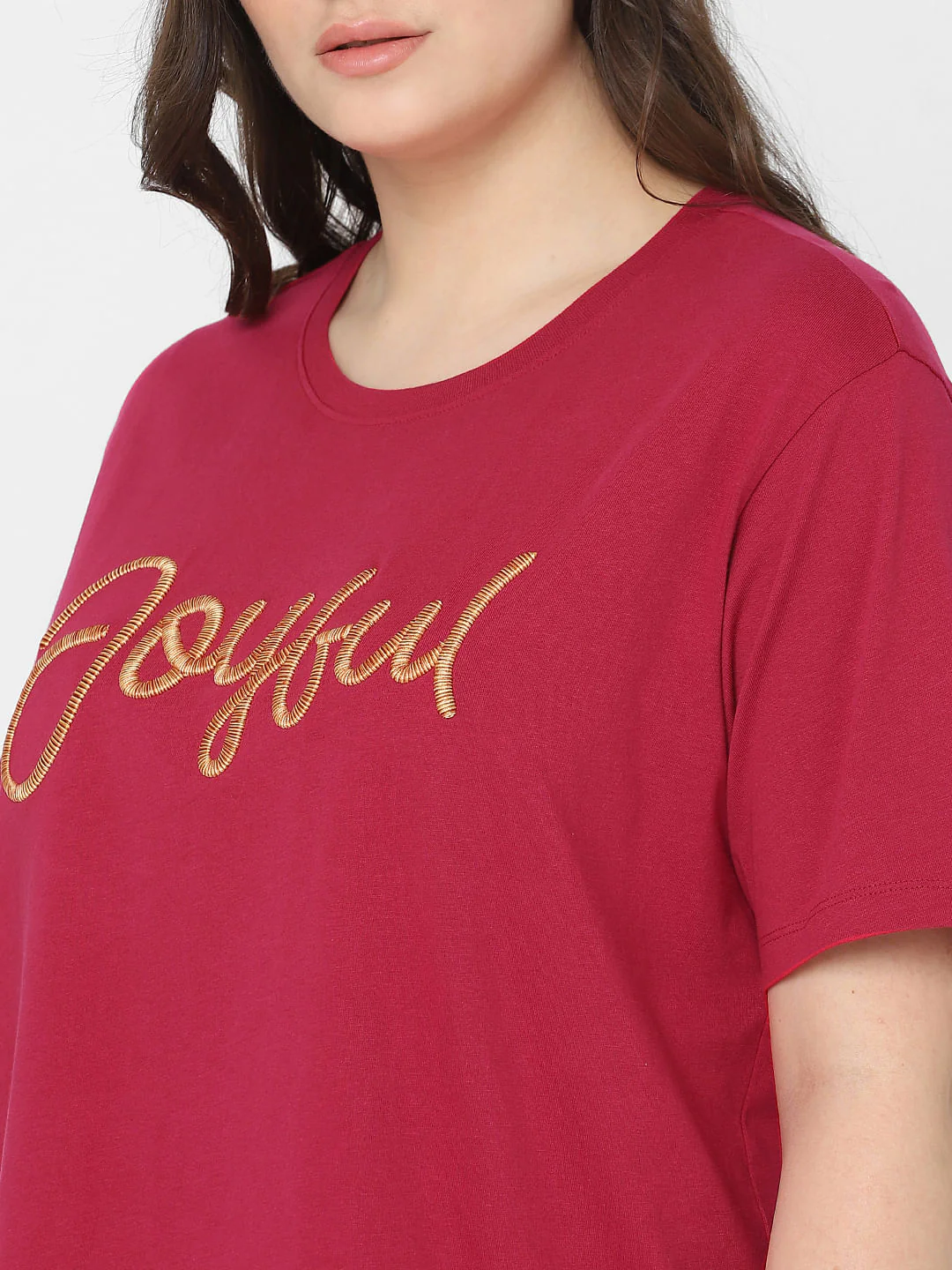 Curve Red Embroidered Text Print T-Shirt - Image 6