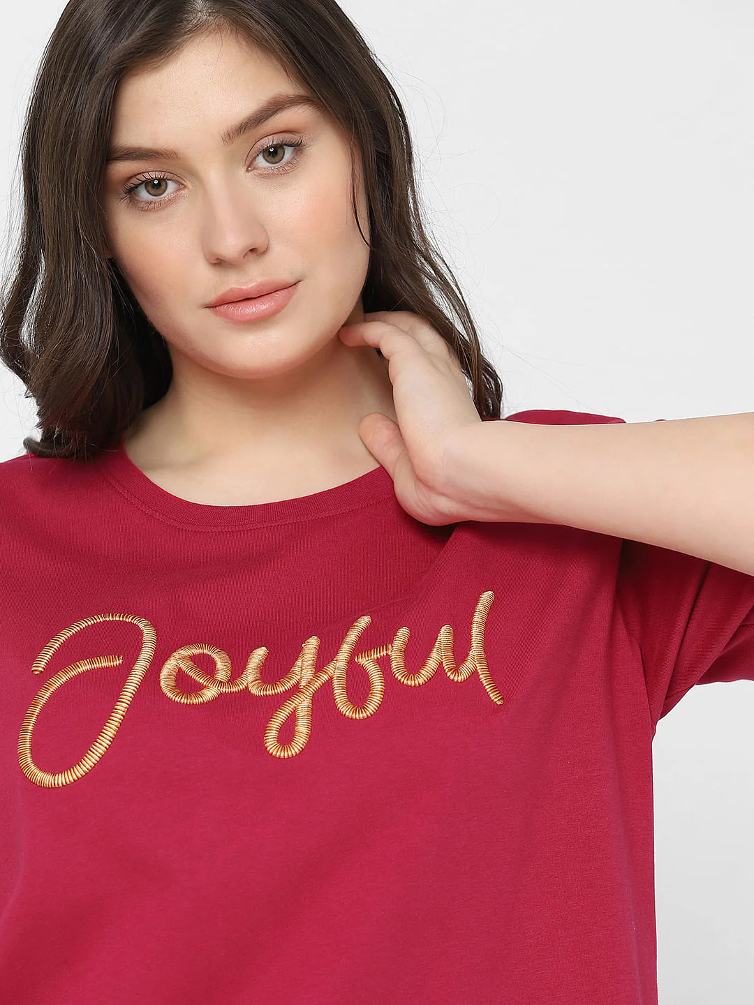 Curve Red Embroidered Text Print T-Shirt - Image 8