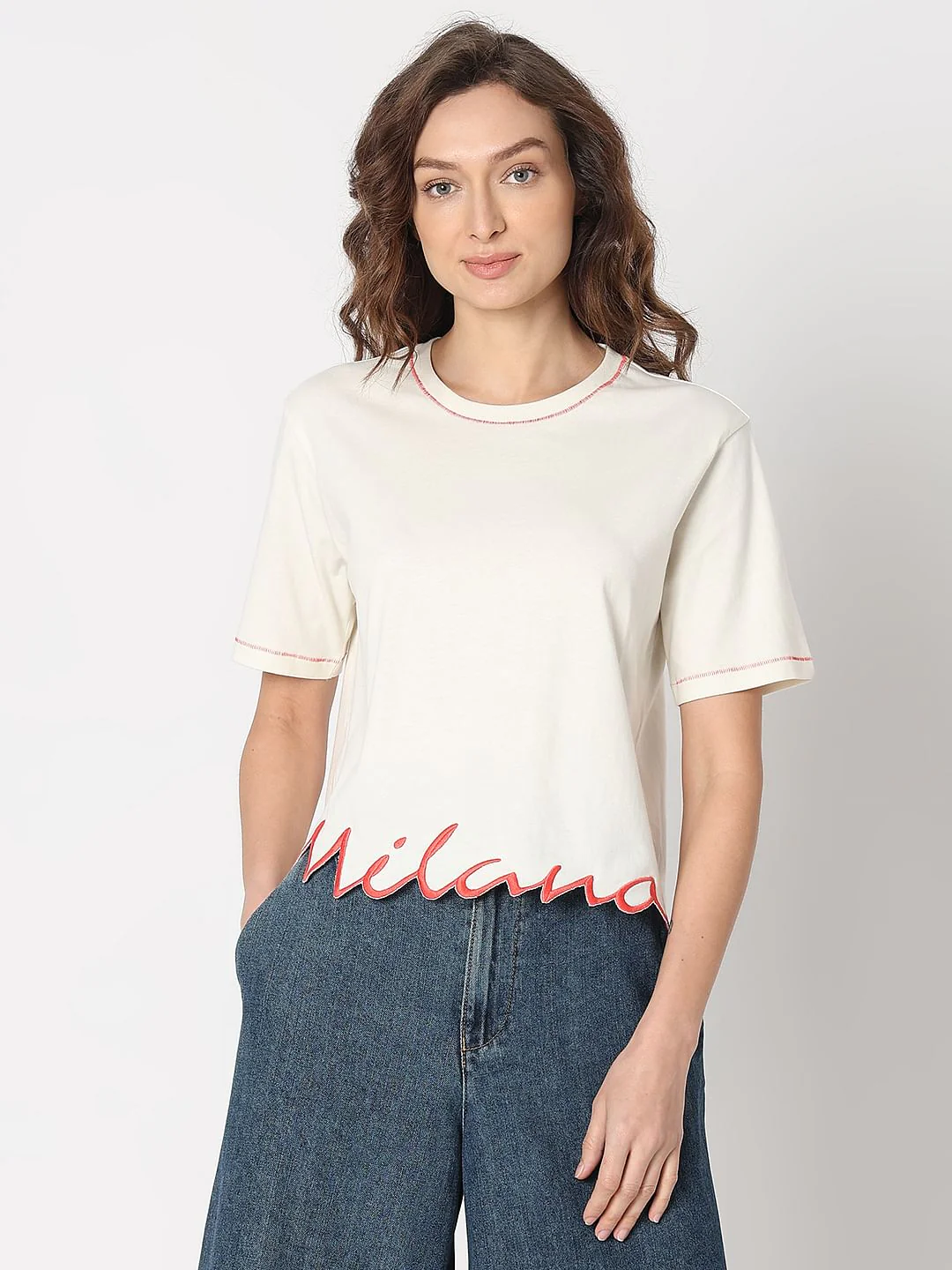 White Embroidered Hem T-Shirt - Image 2