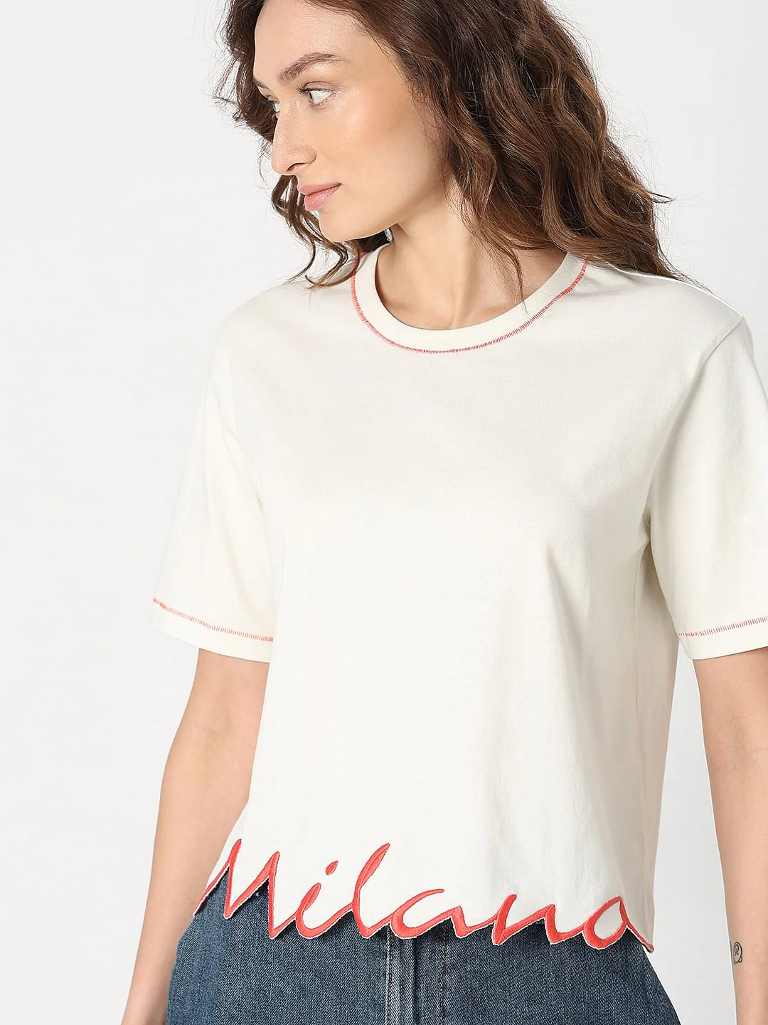 White Embroidered Hem T-Shirt - Image 6