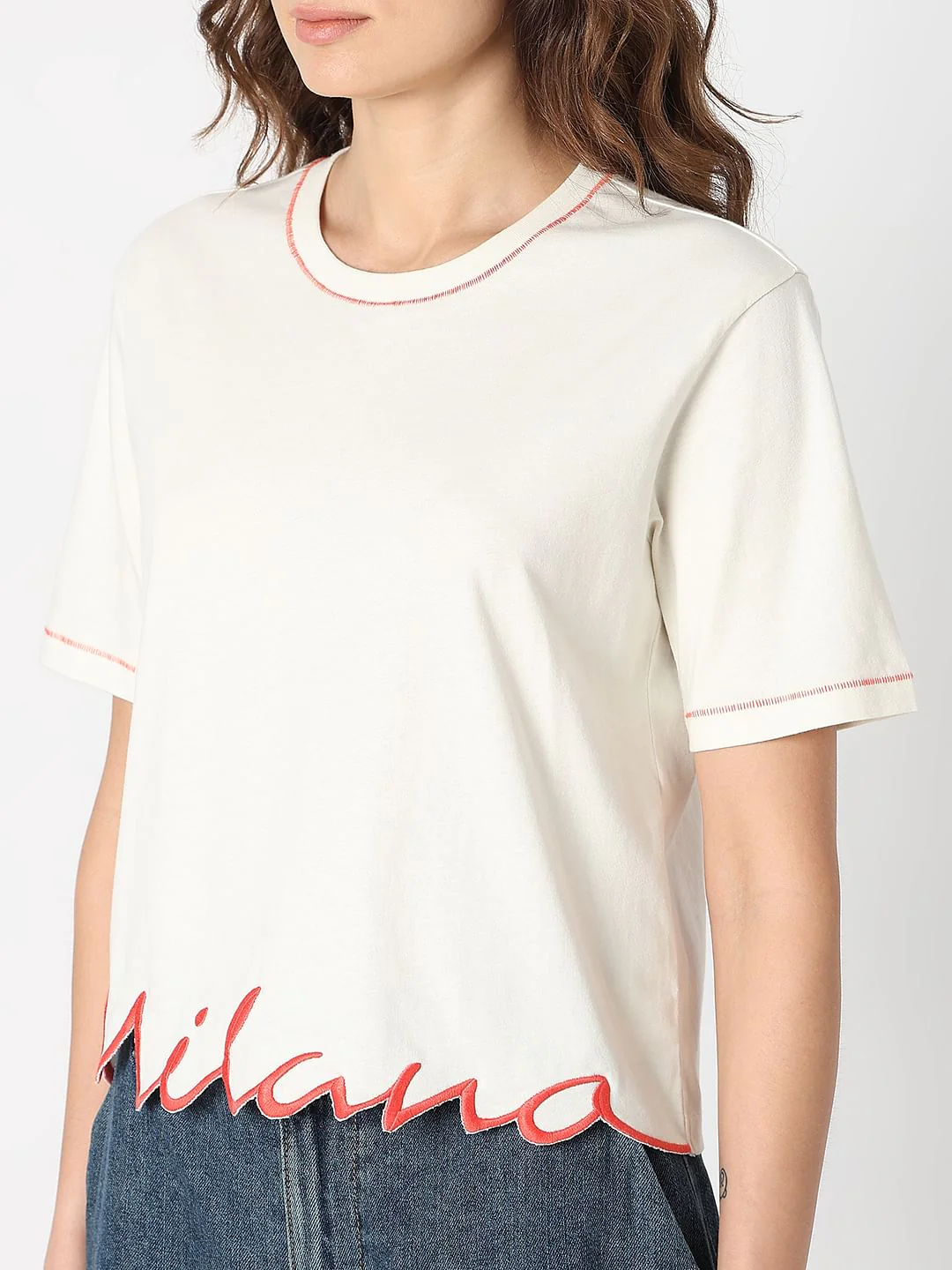 White Embroidered Hem T-Shirt - Image 8