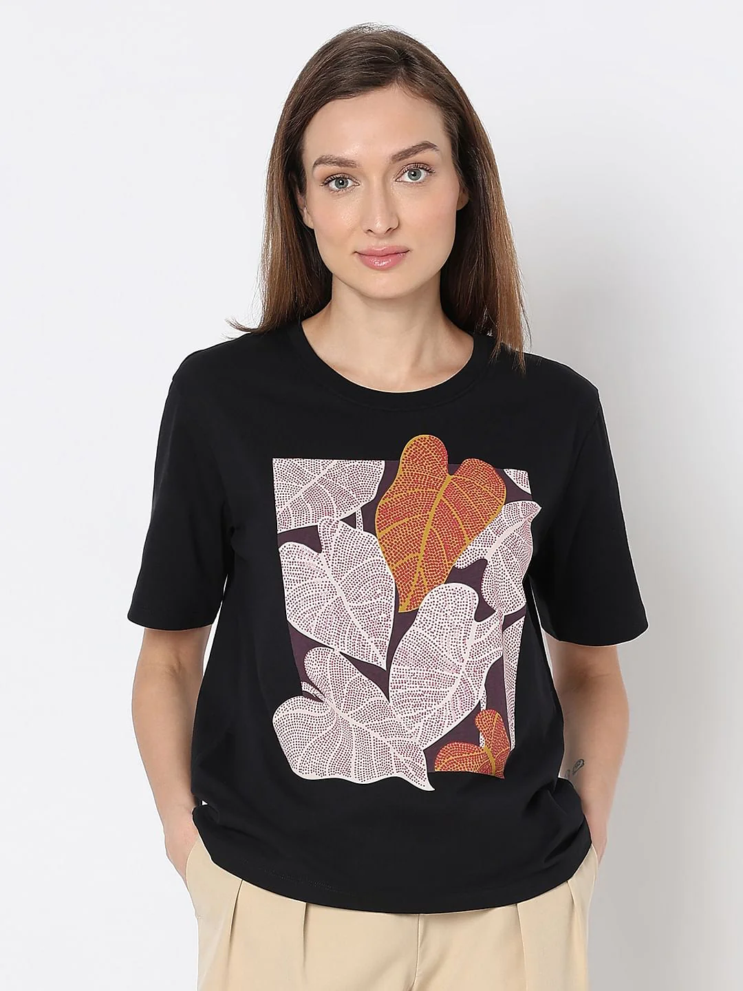 Black Sequin Leaf Print T-Shirt - Image 2