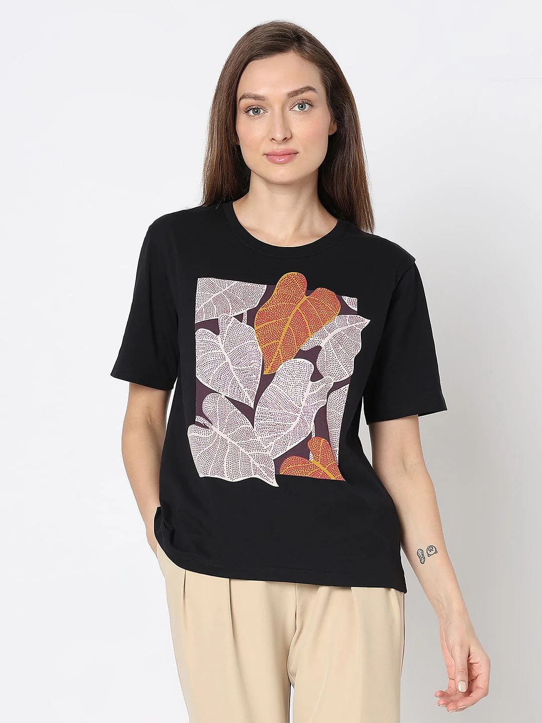 Black Sequin Leaf Print T-Shirt - Image 3