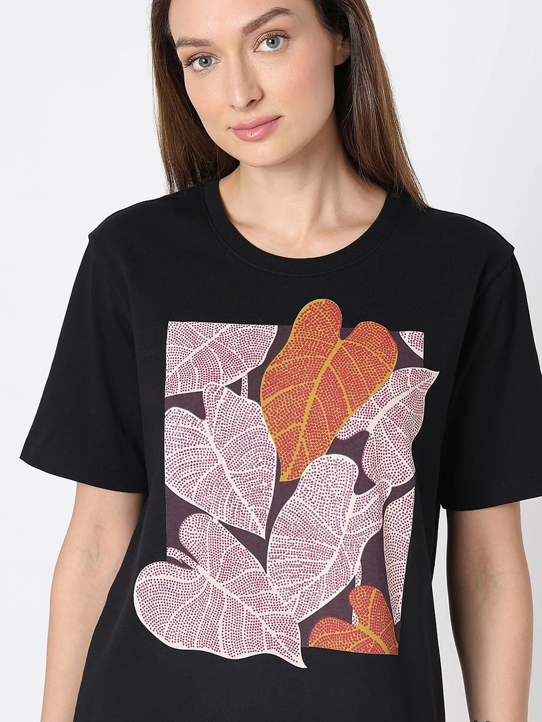 Black Sequin Leaf Print T-Shirt - Image 6