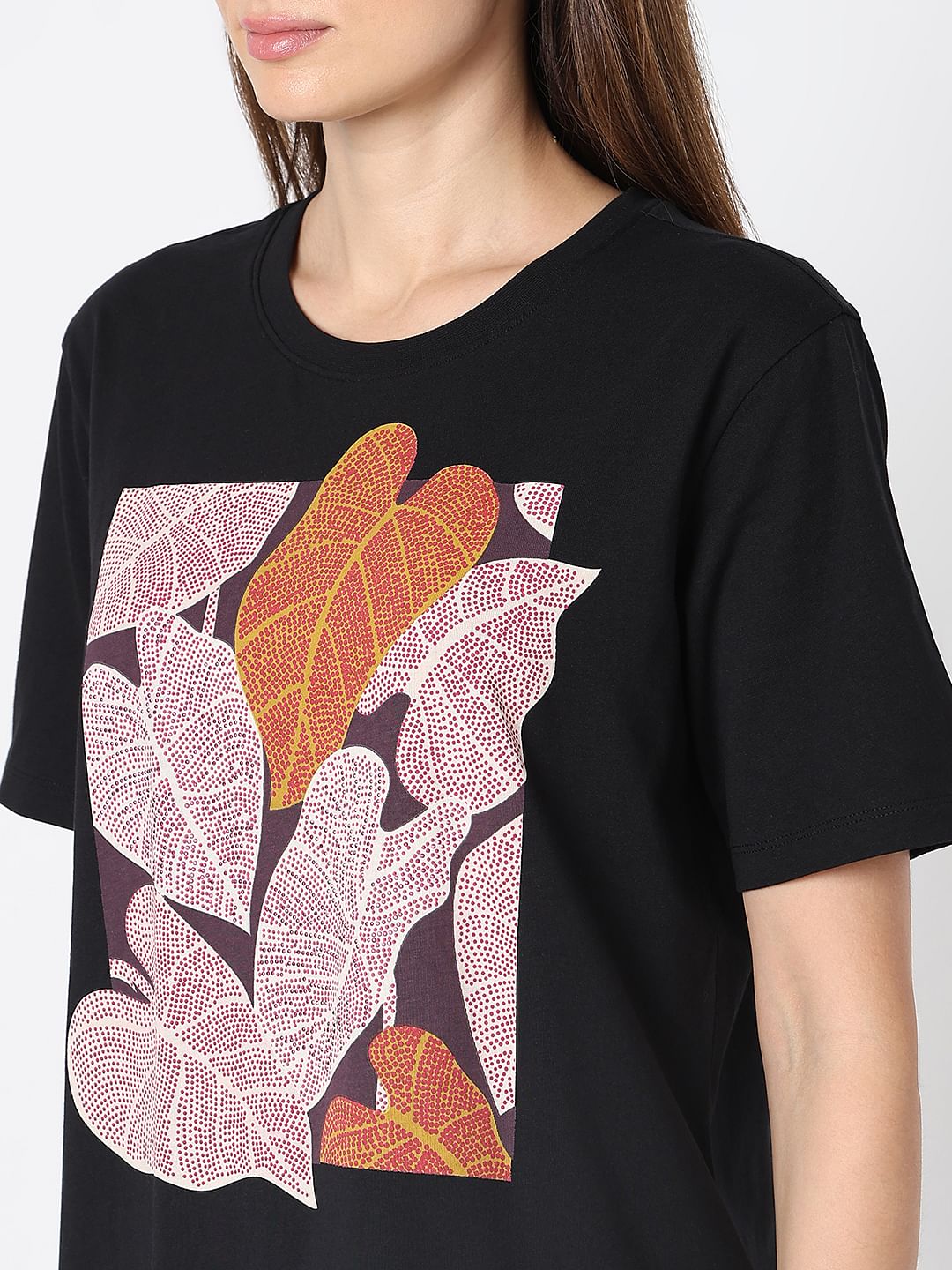 Black Sequin Leaf Print T-Shirt - Image 8