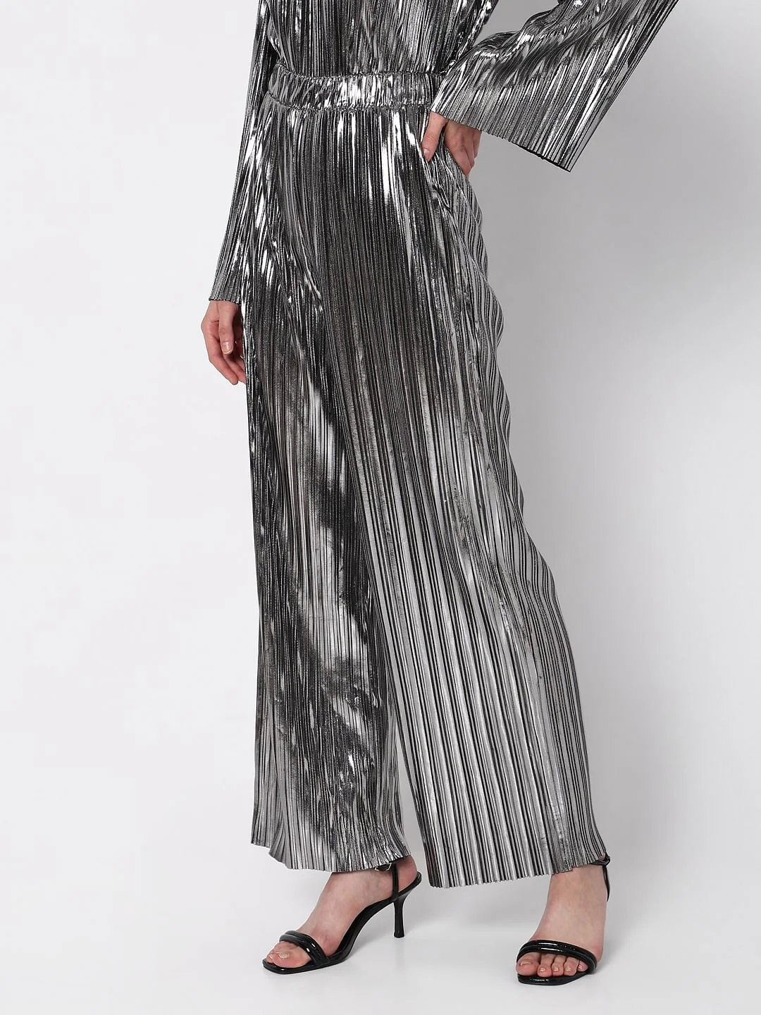 Silver High Rise Metallic Co-Ord Set Pants - Image 3