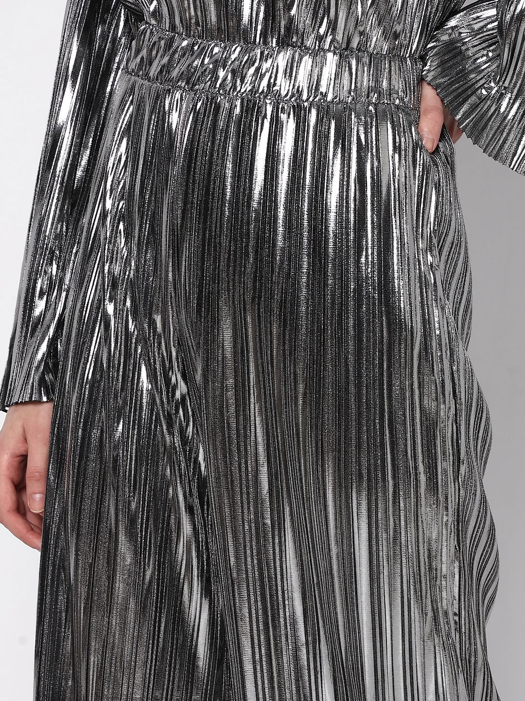 Silver High Rise Metallic Co-Ord Set Pants - Image 6