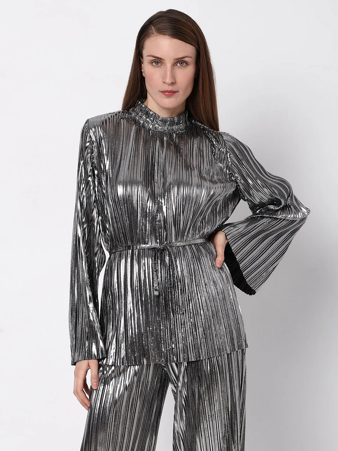 Silver Metallic High Neck Co-Ord Set Top - Image 2
