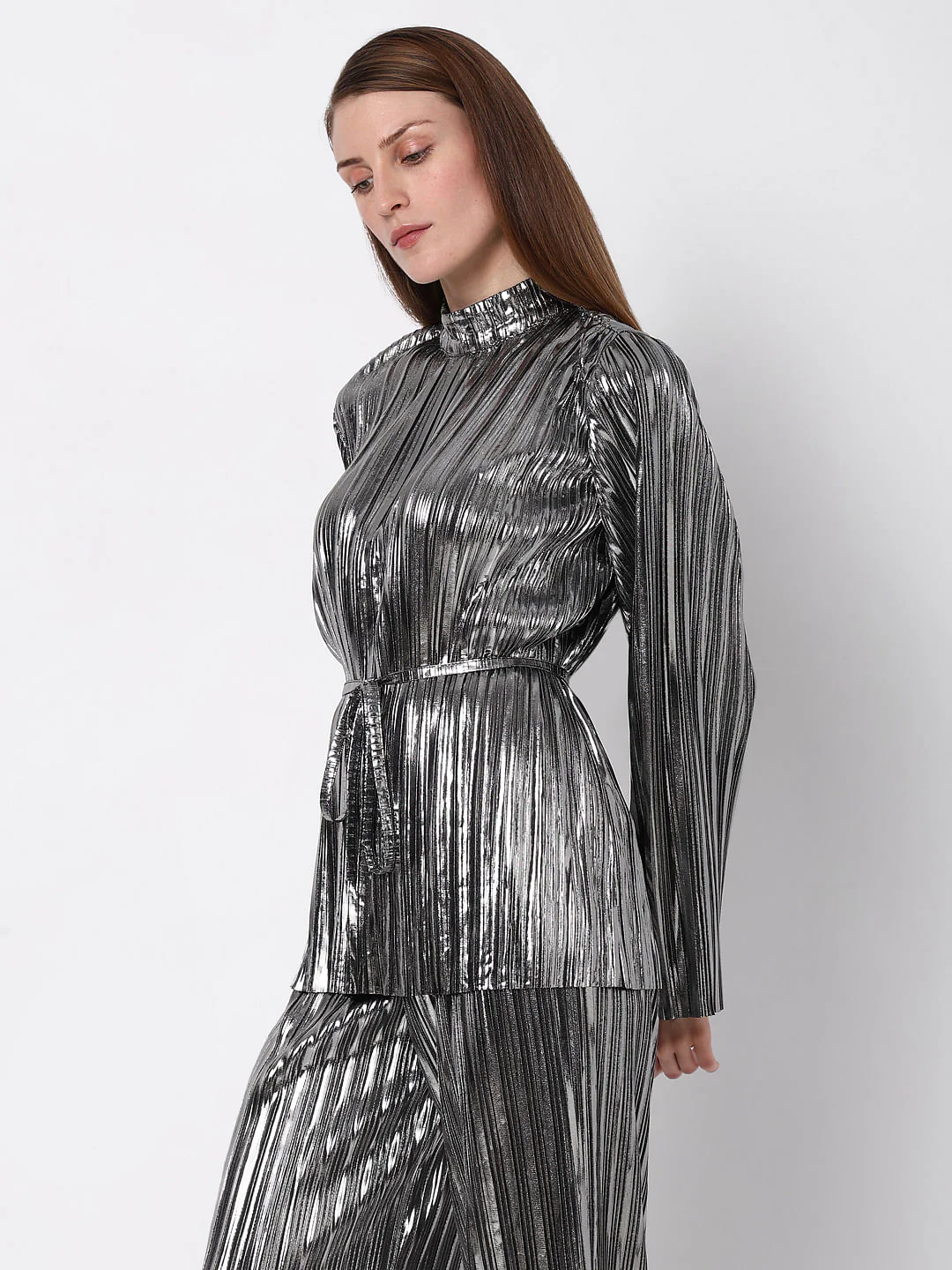 Silver Metallic High Neck Co-Ord Set Top - Image 3