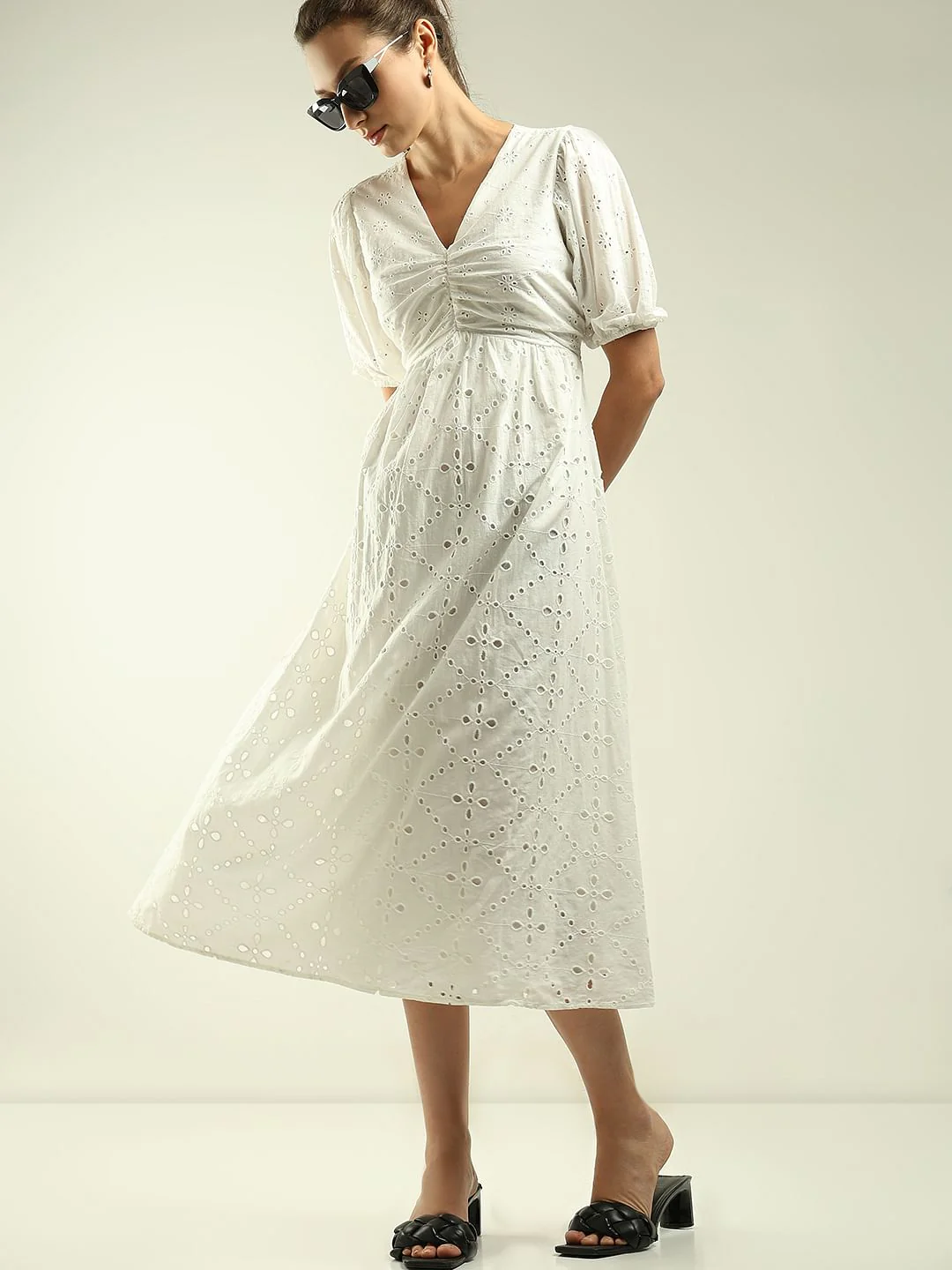 White Schiffli Midi Dress
