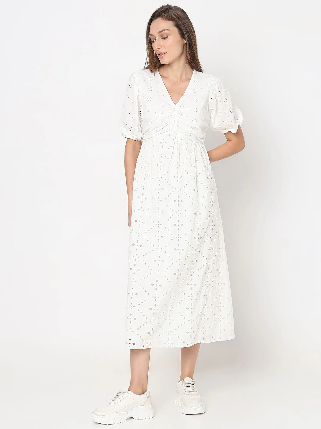White Schiffli Midi Dress - Image 2