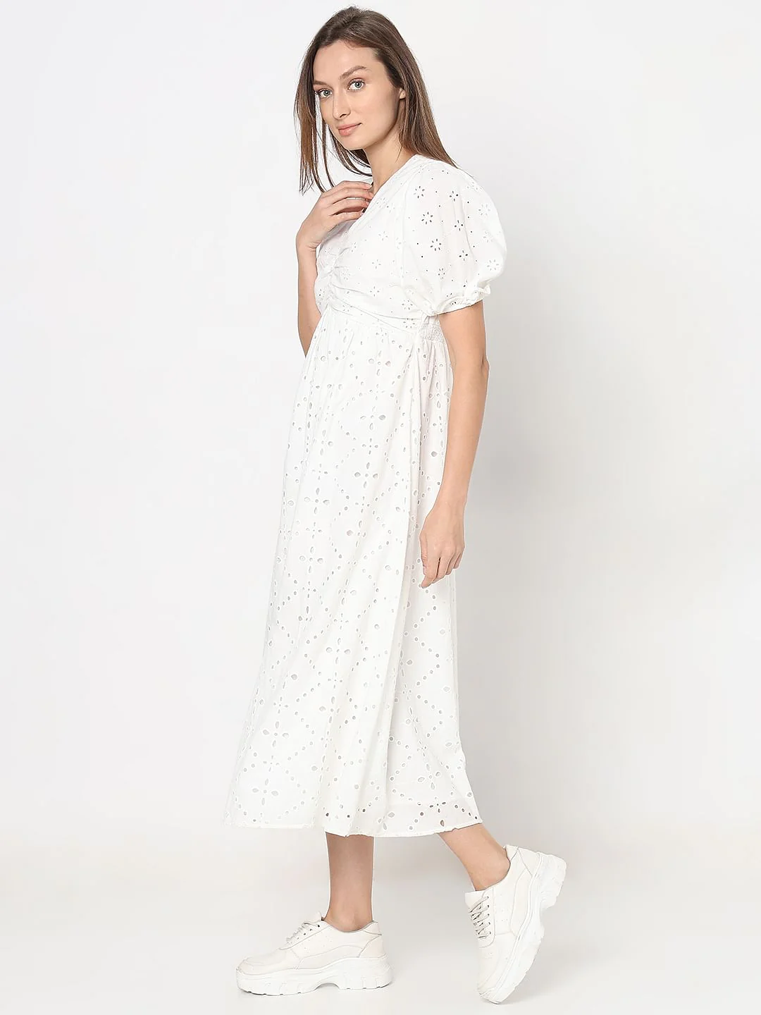 White Schiffli Midi Dress - Image 3