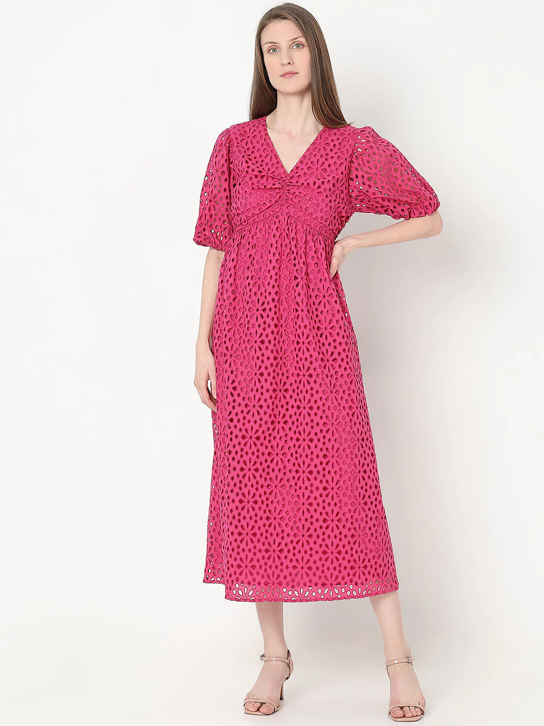 Pink Schiffli Cotton Midi Dress - Image 2