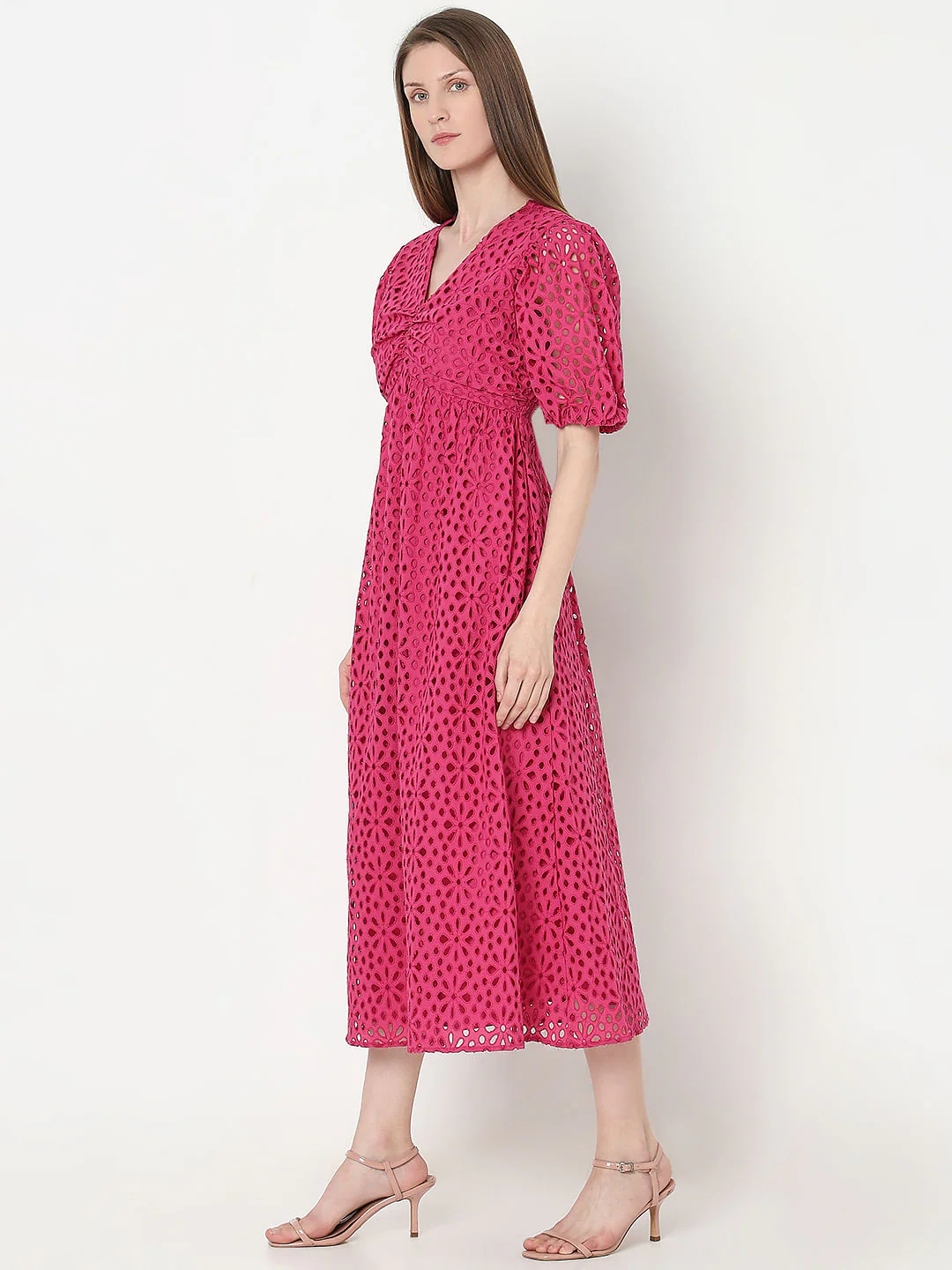 Pink Schiffli Cotton Midi Dress - Image 3