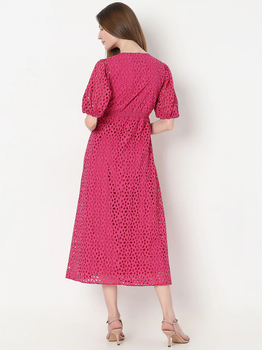 Pink Schiffli Cotton Midi Dress - Image 4
