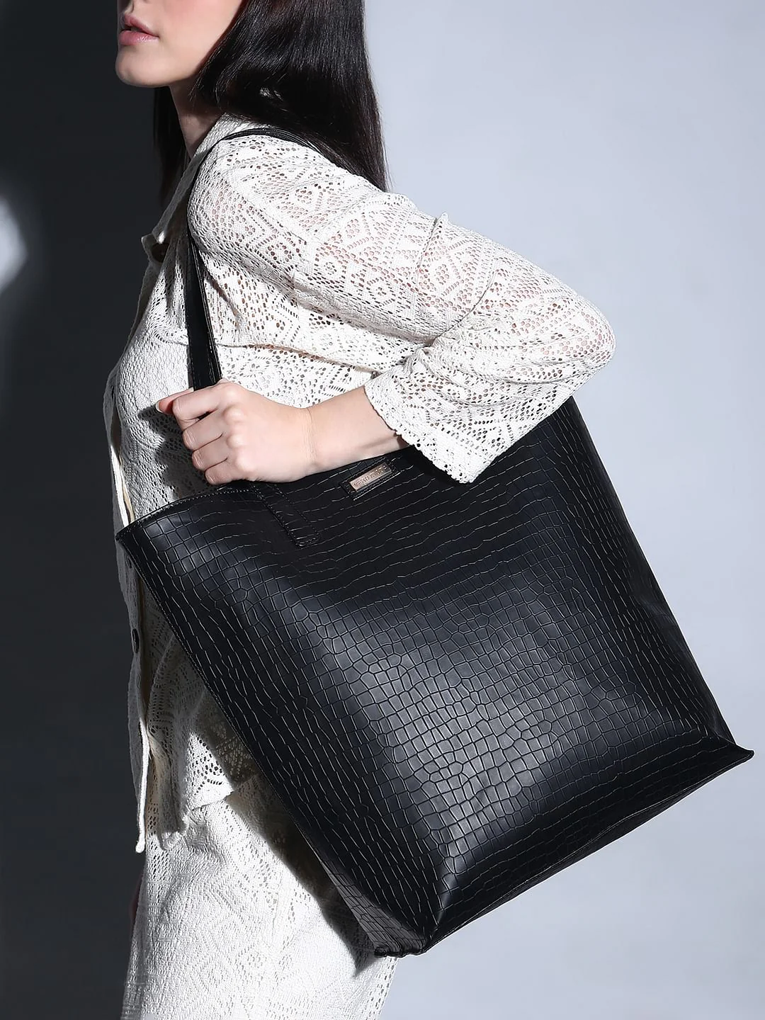 Black Croc Embossed Tote Bag