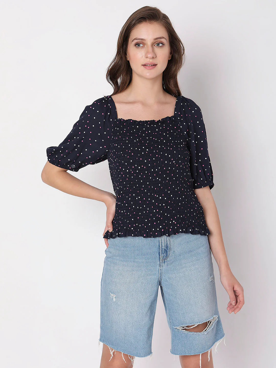 Navy Blue Printed Smocked Top - Image 2
