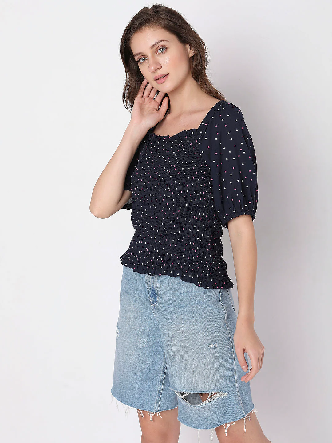 Navy Blue Printed Smocked Top - Image 3