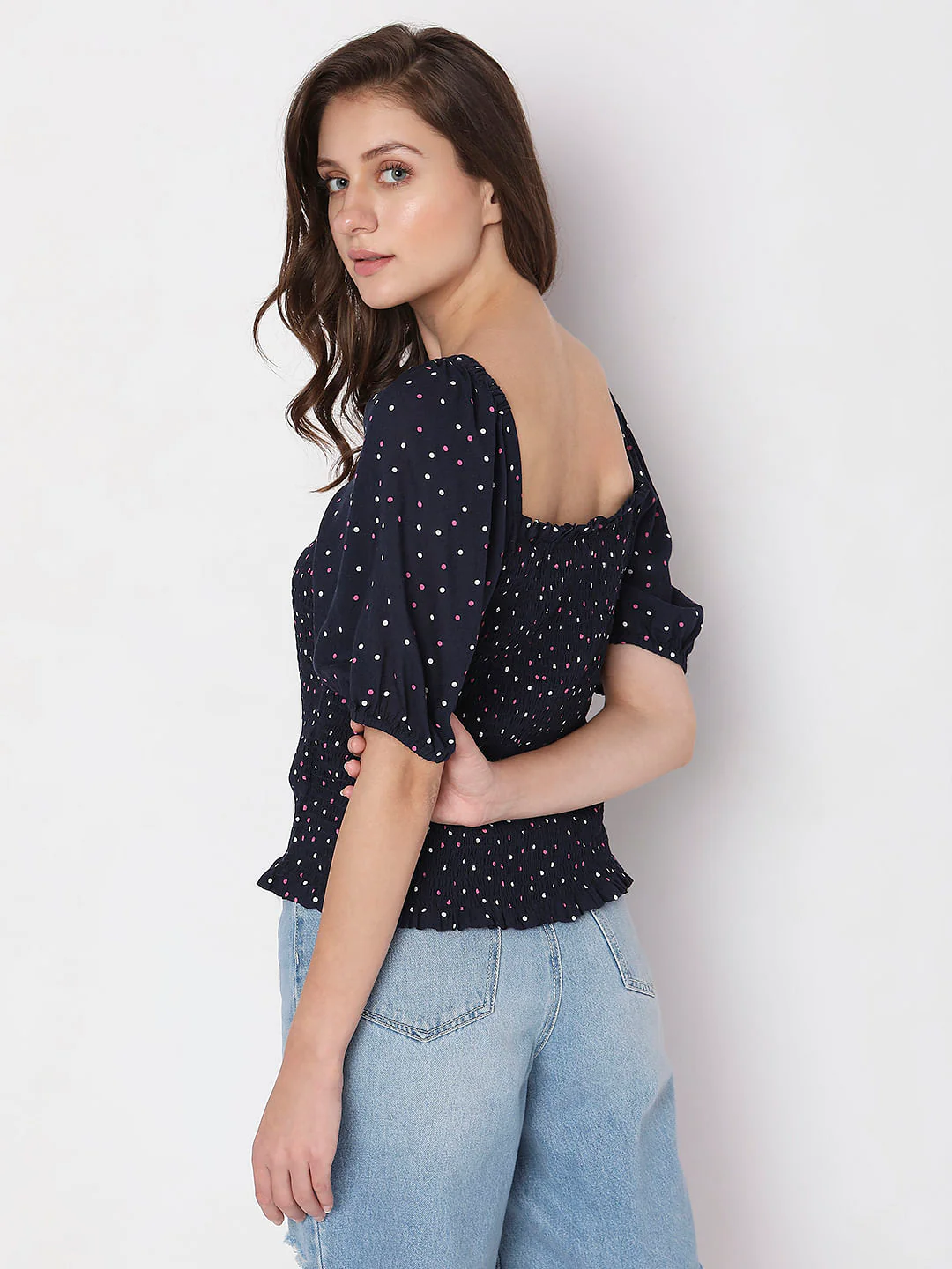 Navy Blue Printed Smocked Top - Image 4