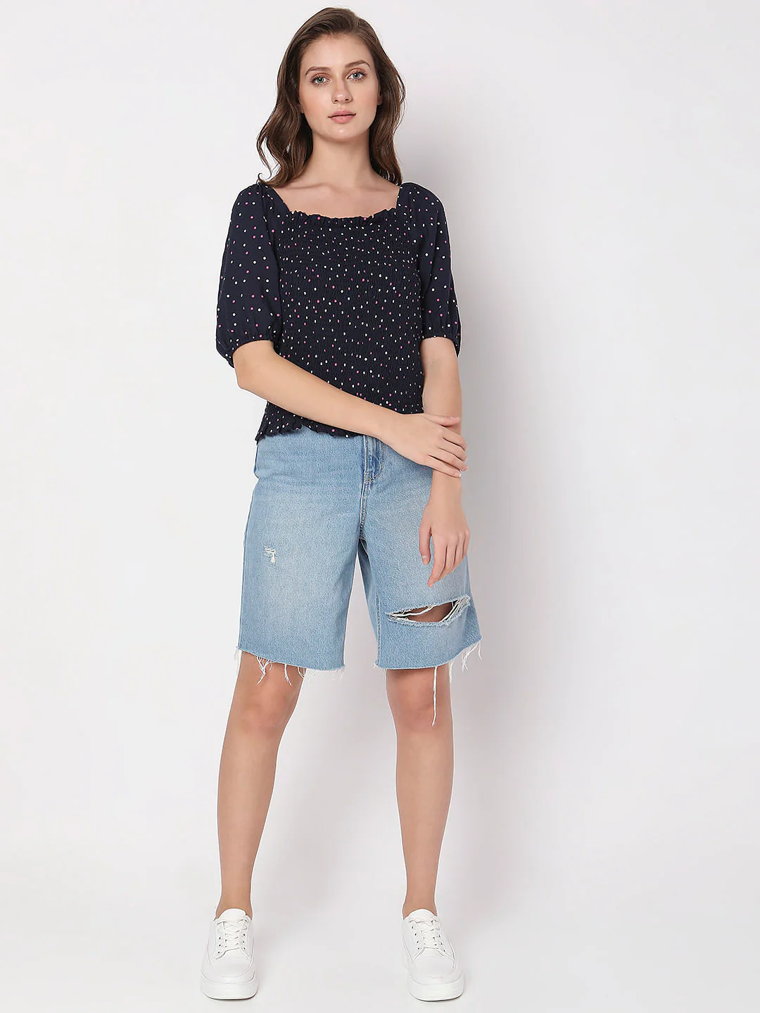 Navy Blue Printed Smocked Top - Image 5