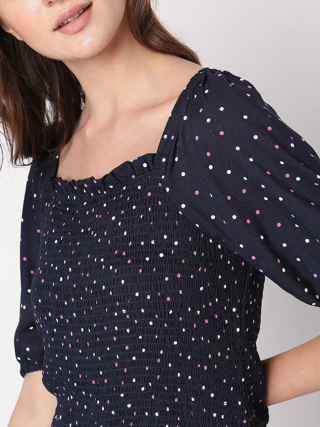 Navy Blue Printed Smocked Top - Image 6