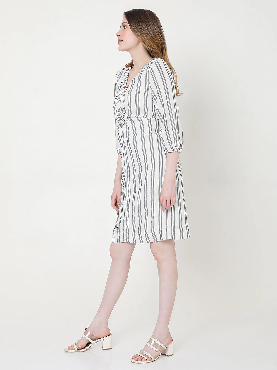 Beige Striped Shift Dress - Image 2