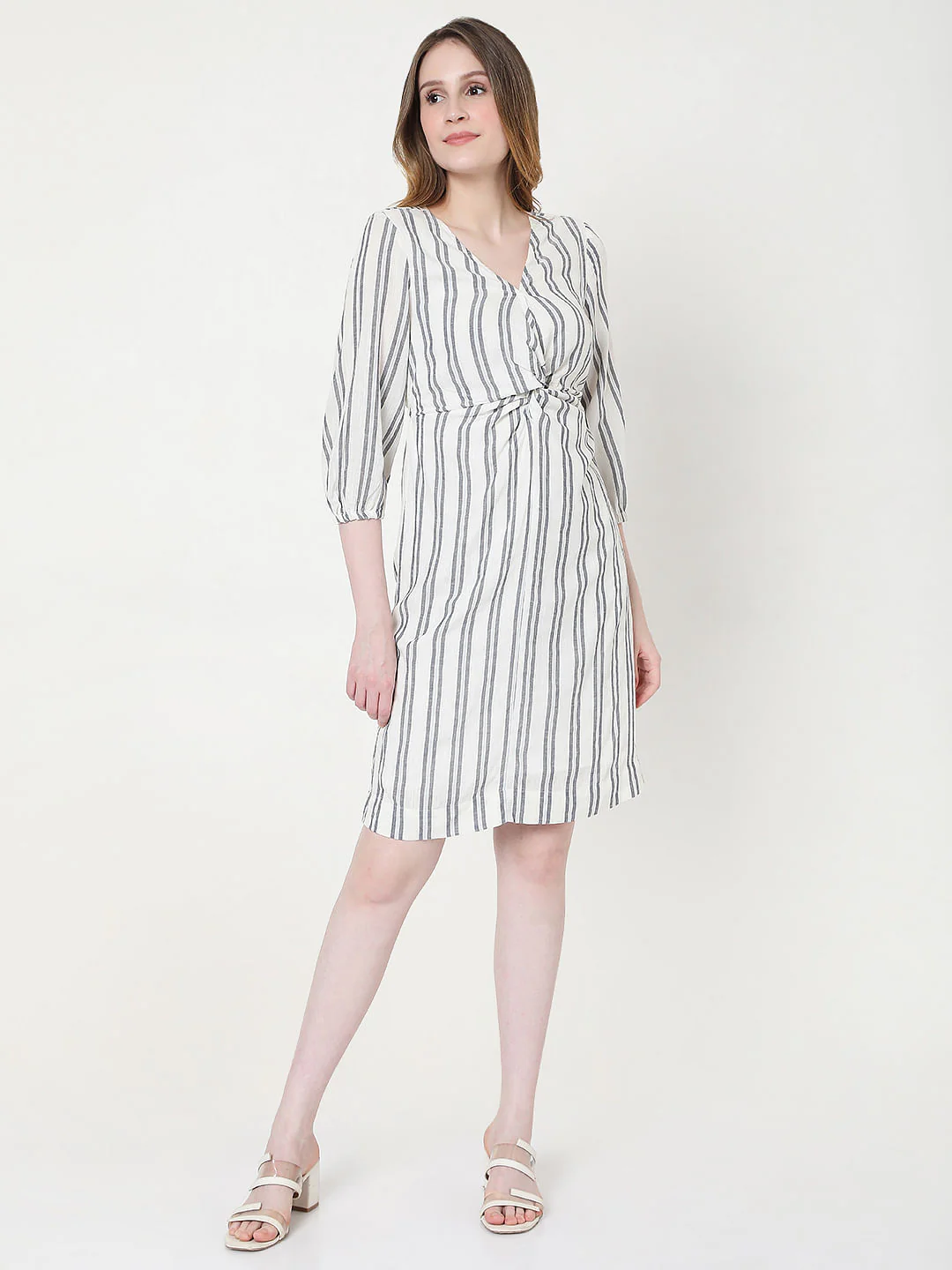 Beige Striped Shift Dress - Image 4