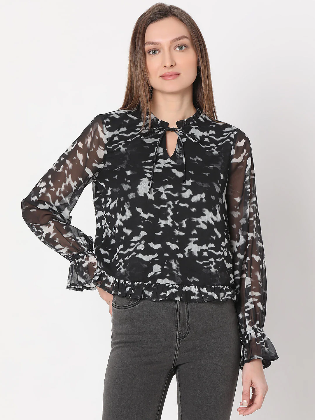 Black Printed Sheer Top - Image 2