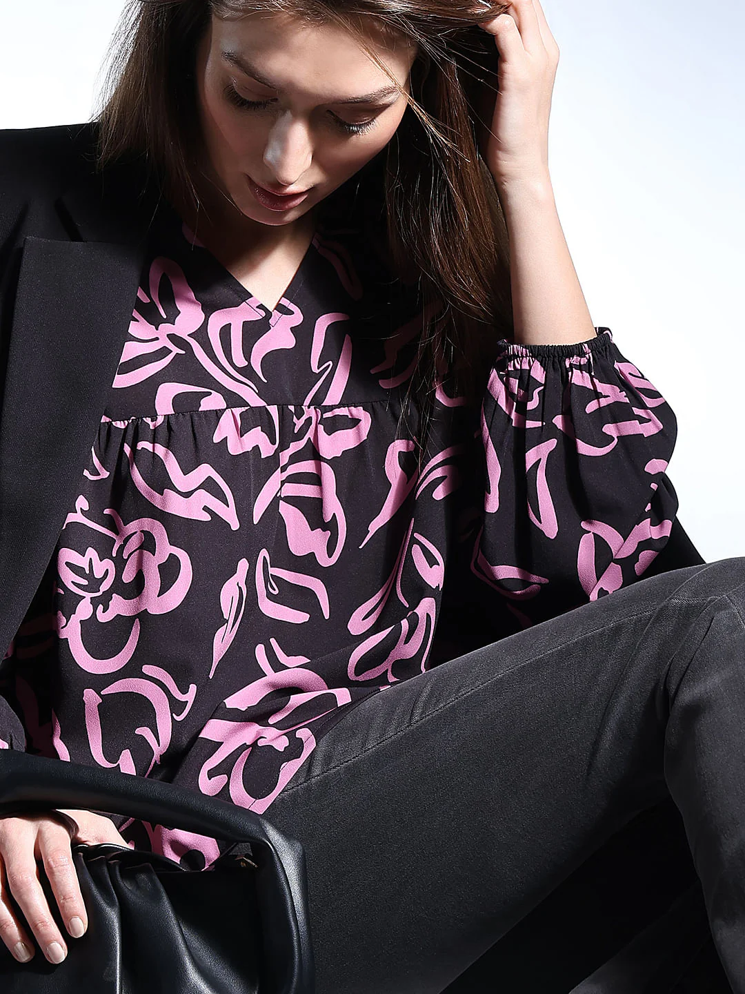 Black Floral Print Top