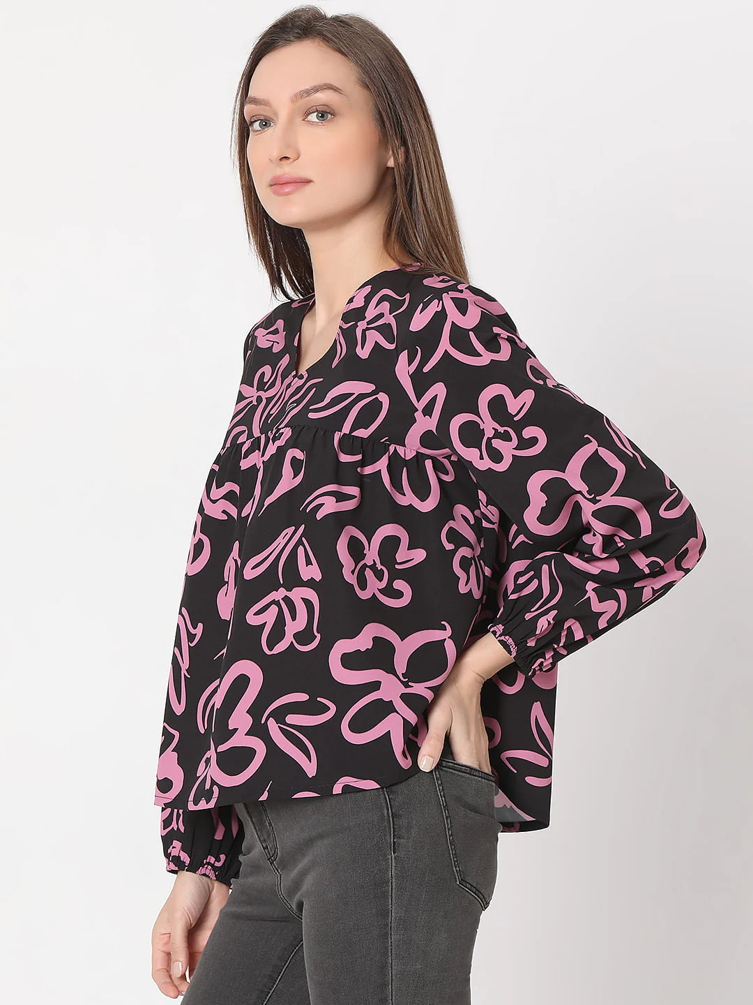 Black Floral Print Top - Image 3