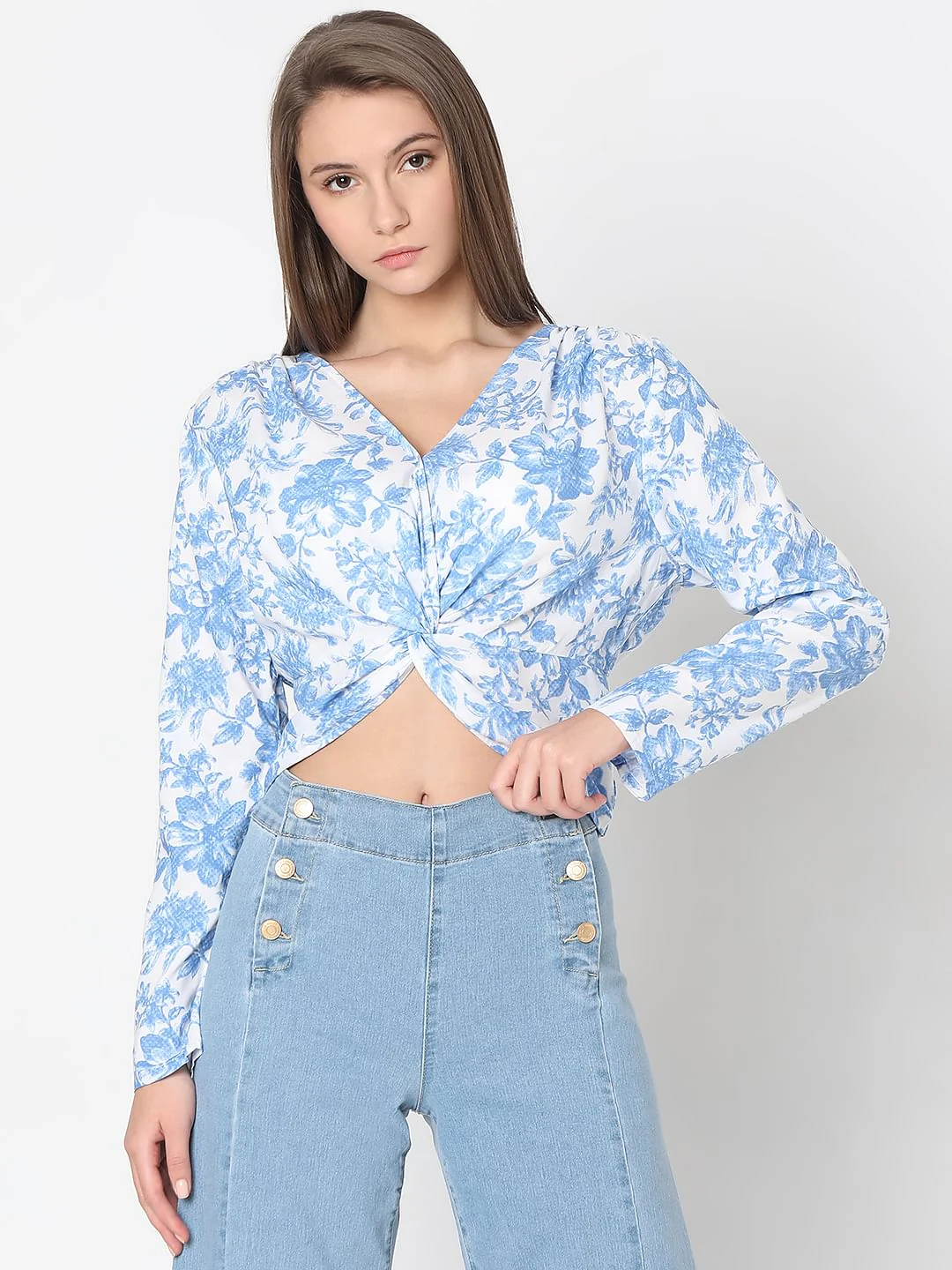 Blue & White Floral Print Cropped Top - Image 2