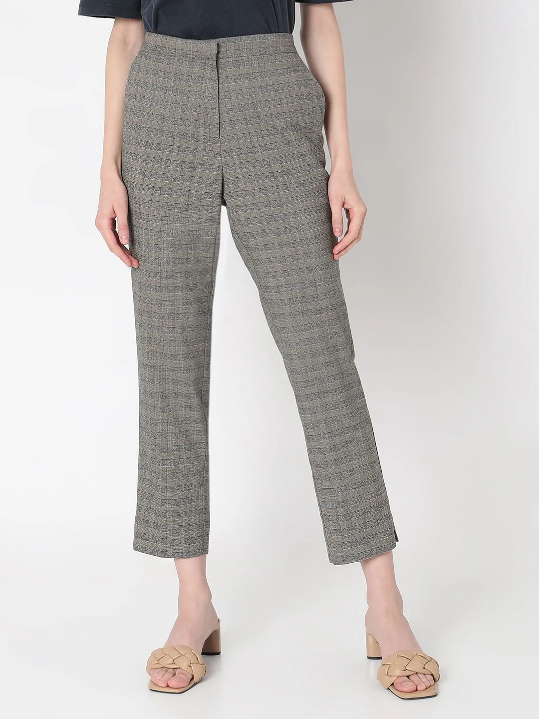 Grey & Yellow Mid Rise Check Pants - Image 2