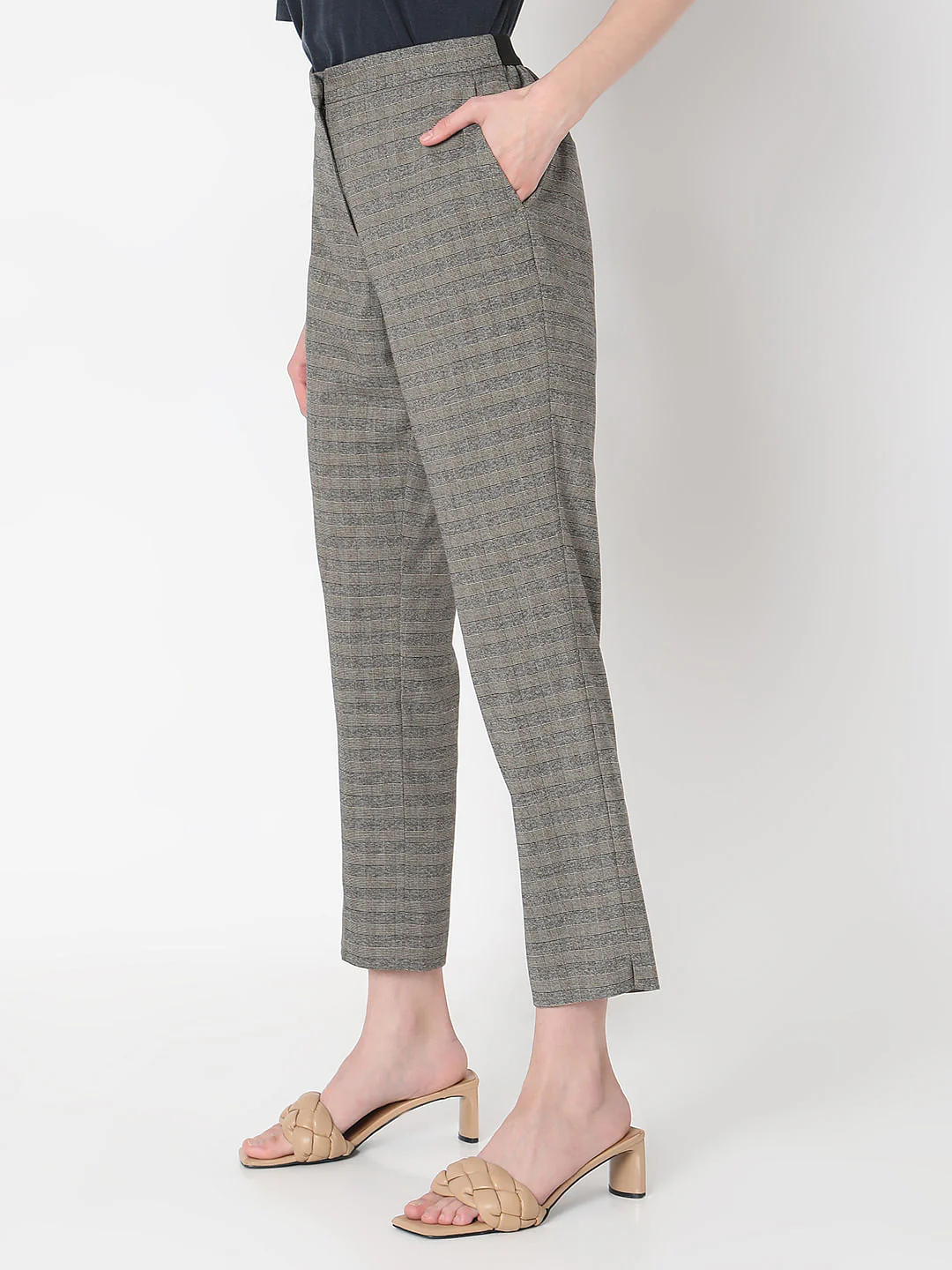 Grey & Yellow Mid Rise Check Pants - Image 3