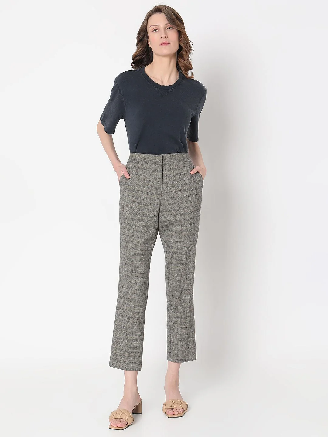 Grey & Yellow Mid Rise Check Pants - Image 5