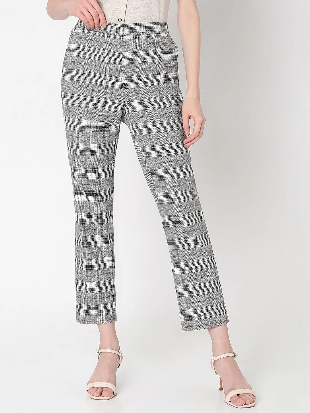 Grey Mid Rise Check Pants - Image 2