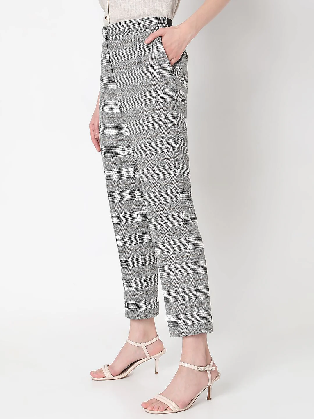 Grey Mid Rise Check Pants - Image 3