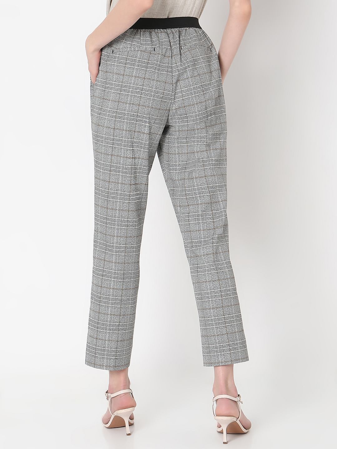 Grey Mid Rise Check Pants - Image 4