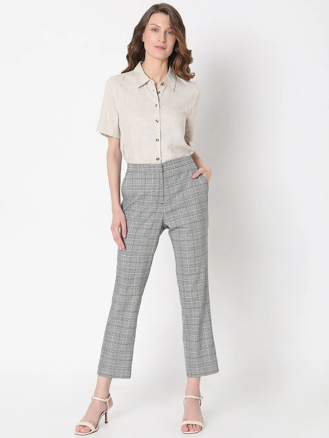 Grey Mid Rise Check Pants - Image 5