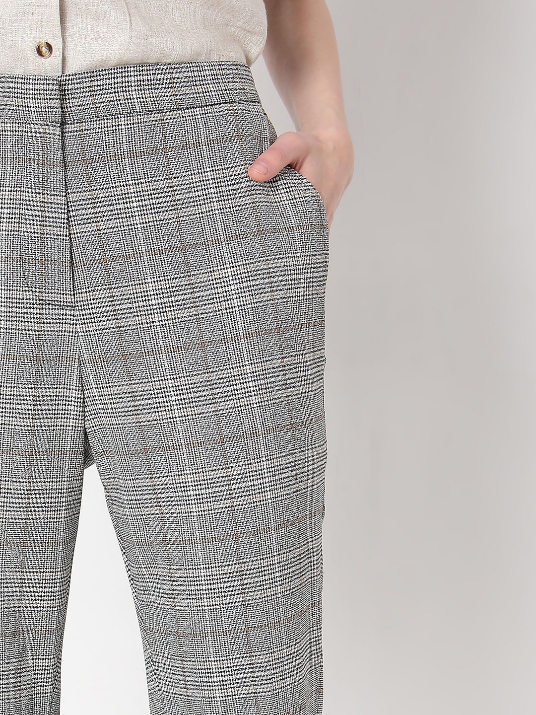 Grey Mid Rise Check Pants - Image 6