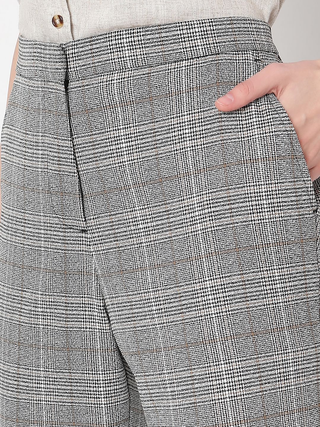 Grey Mid Rise Check Pants - Image 8
